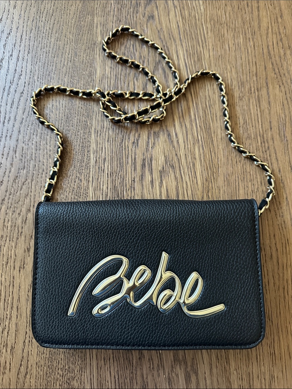 bebe Black Chain-Strap Crossbody with Gold Logo